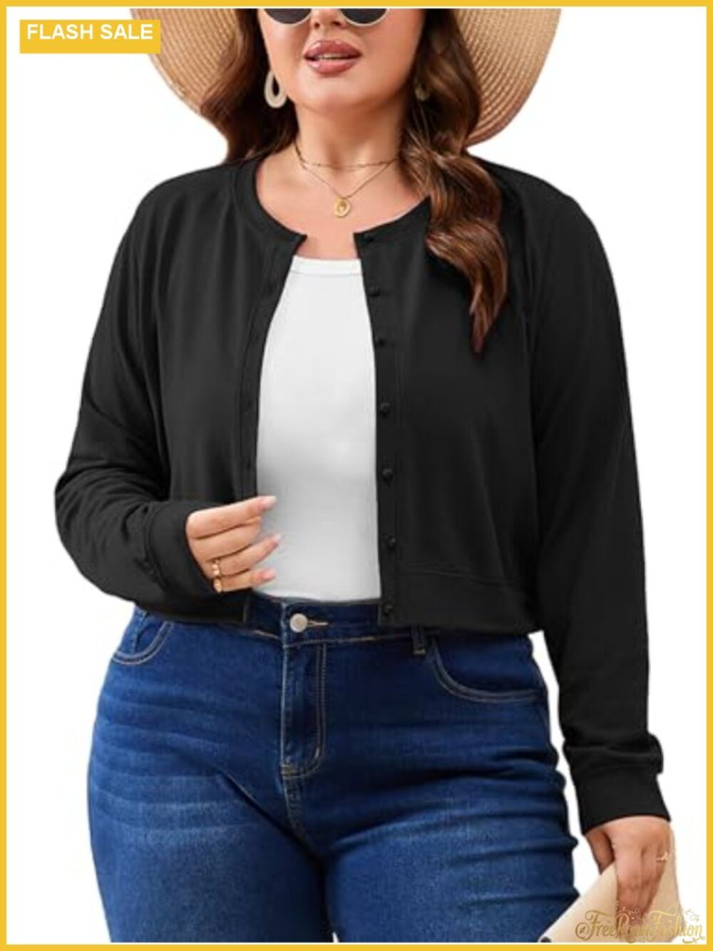 Plus Size Cropped Cardigan Button Front Lightweight Knit Crew Neck